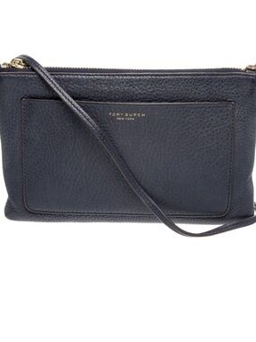 Tory Burch Pebbled Navy Leather Crossbody with Gold Logo EUC
